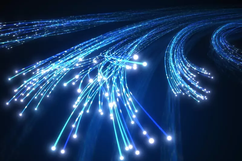 Illuminated blue fiber optic cables curve to the right on a dark background. 