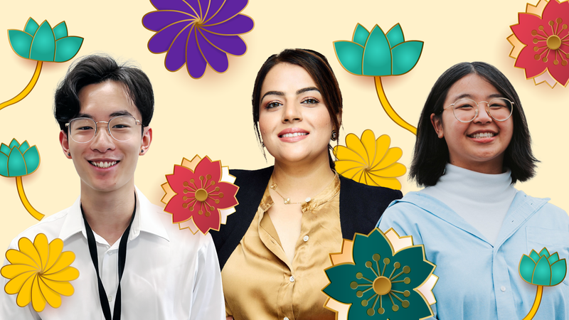 Images of three UKG employees on floral background